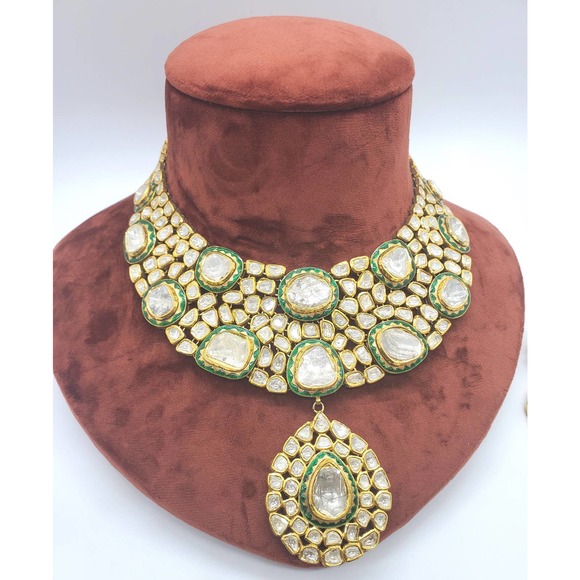 Indian 18Kt Rose Cut Diamond Necklace With Earrings - Picture 2 of 6